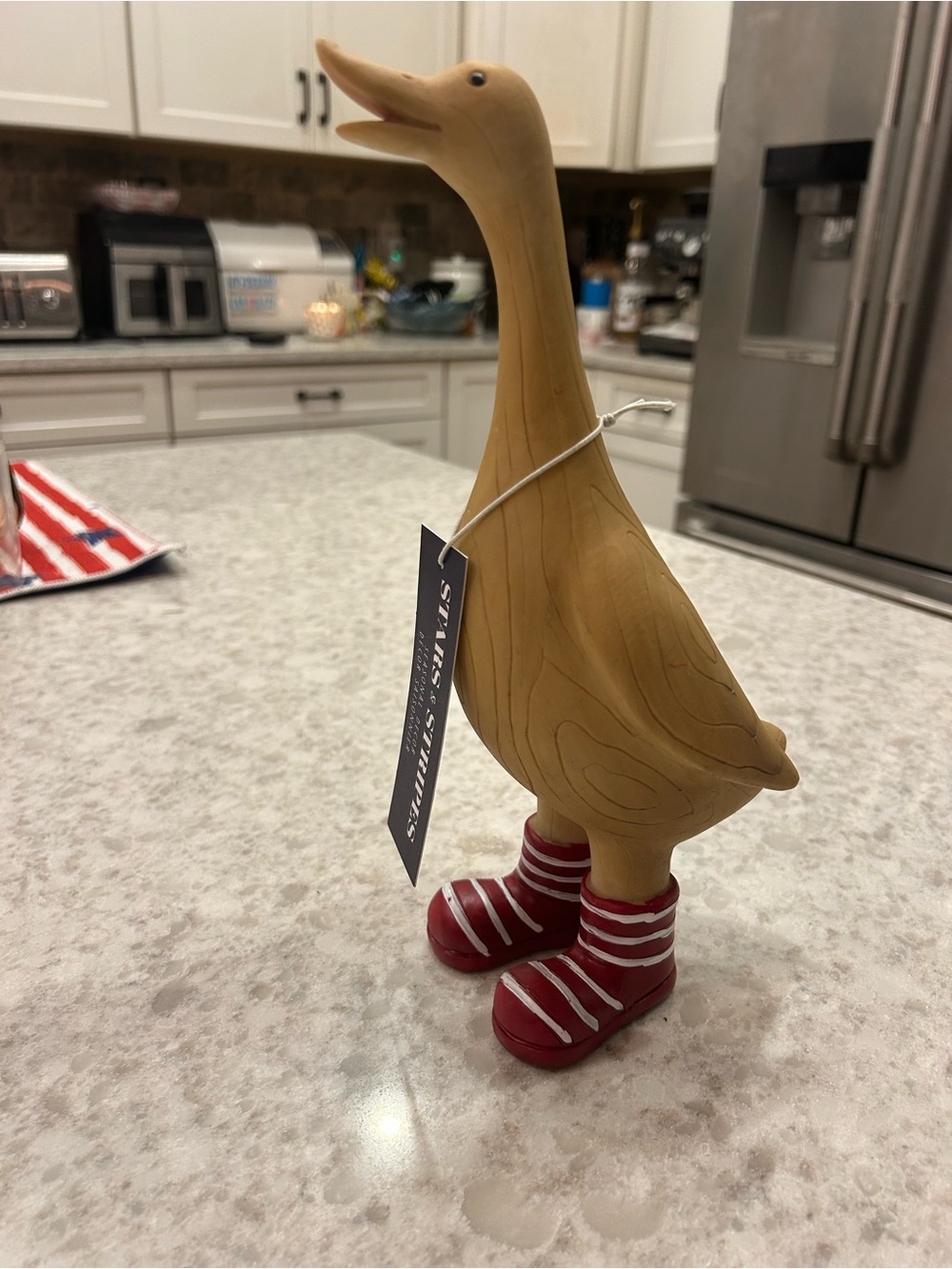 “New” Stars & Stripes Wood-Tone Duck Figurine with Red Boots Holiday Decor